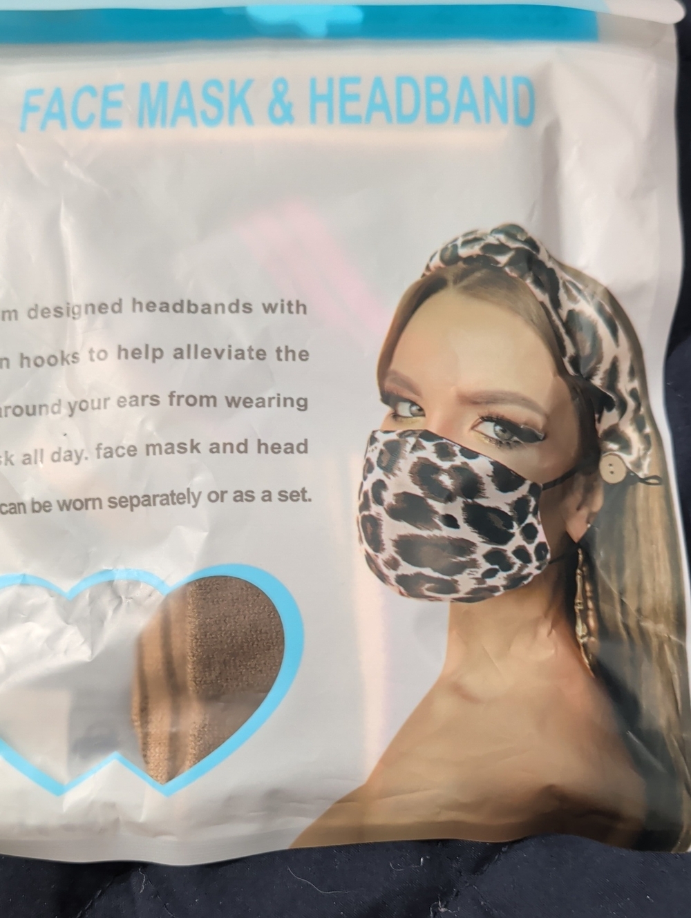 Leopard Print Face Mask & Headband Set - Brown/Black
